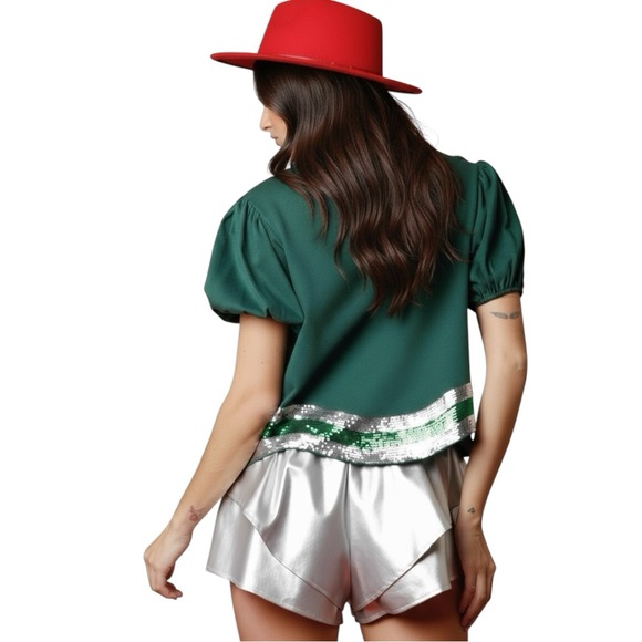 PEACH LOVE CALIFORNIA puff sleeve sequin accent holiday top S M L - Picture 4 of 5